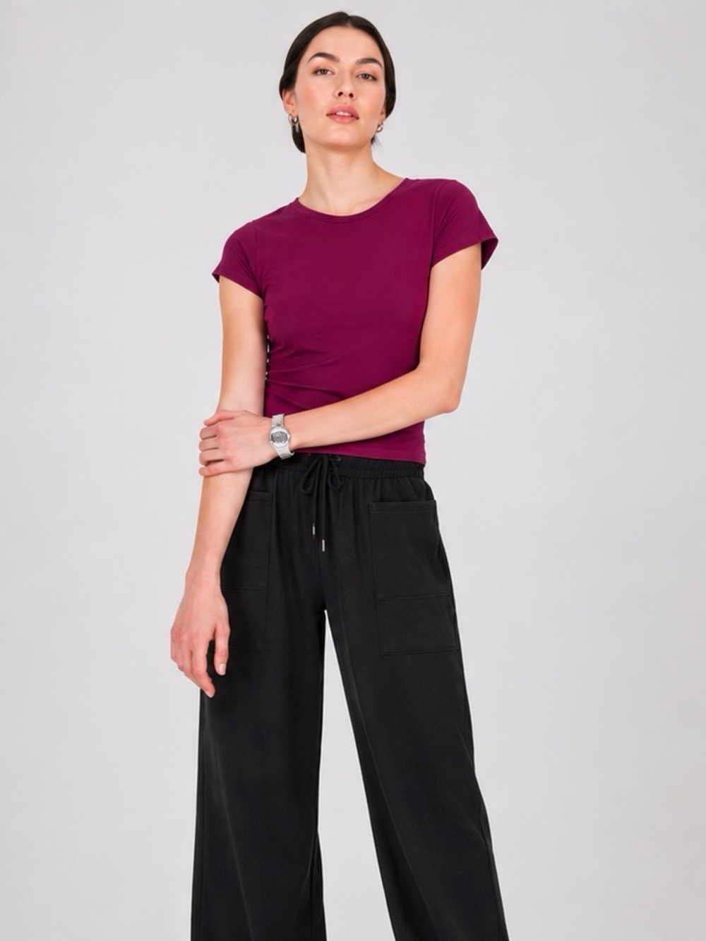 Suzy Shier Raspberry Draped Short Raglan Tunic shirt/top with side pleats